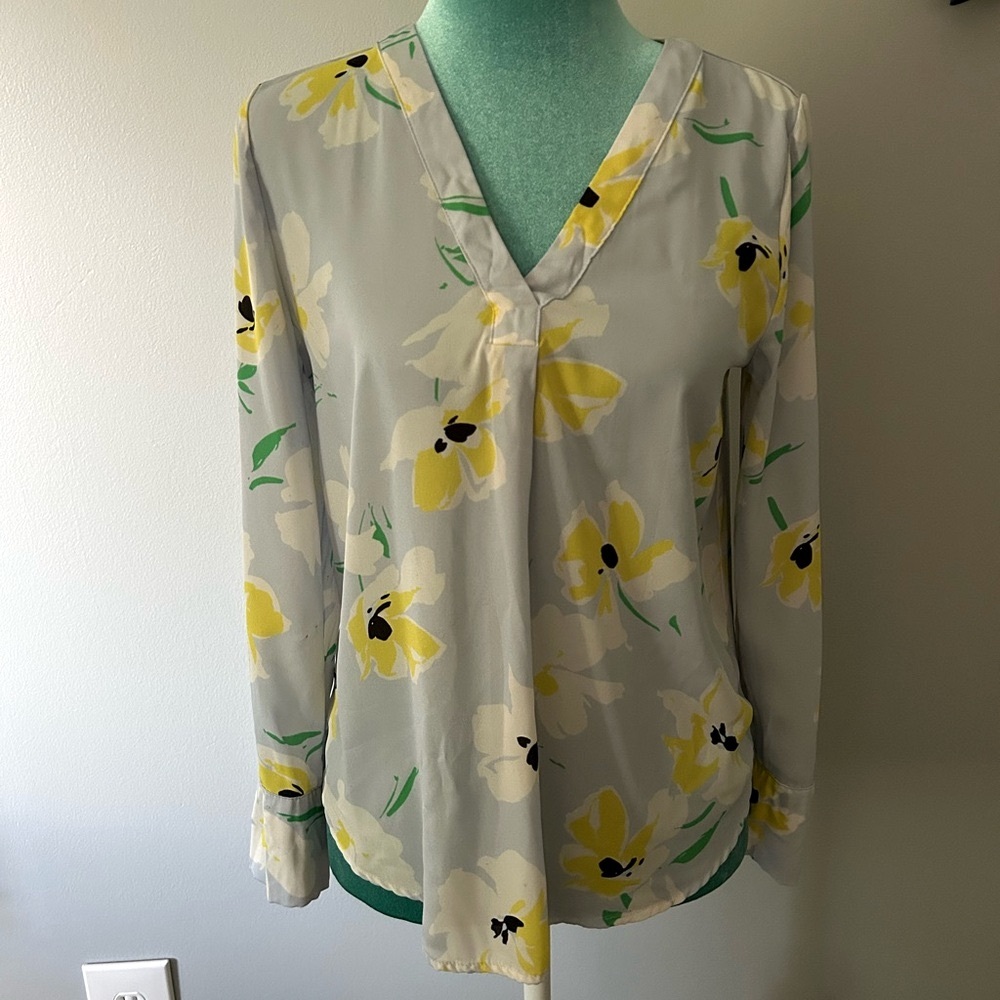 Ann Taylor Blue and Yellow Long Sleeve Blouse